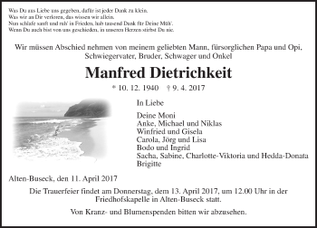 Traueranzeige von Manfred Dietrichkeit von  Gießener Anzeiger