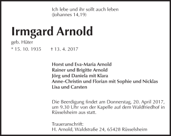 Traueranzeige von Irmgard Arnold von Trauerportal Rhein Main Presse