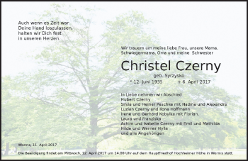 Traueranzeige von Christel Czerny von Trauerportal Rhein Main Presse