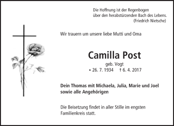 Traueranzeige von Camilla Post von Trauerportal Rhein Main Presse