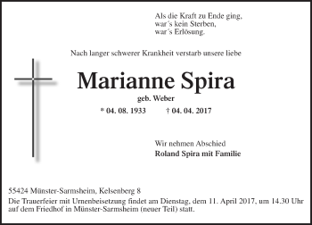 Traueranzeige von Marianne Spira von Trauerportal Rhein Main Presse