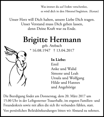 Traueranzeige von Brigitte Hermann von  Gießener Anzeiger