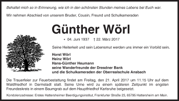 Traueranzeige von Günther Wörl von Trauerportal Echo Online