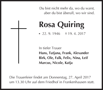 Traueranzeige von Rosa Quiring von Trauerportal Echo Online