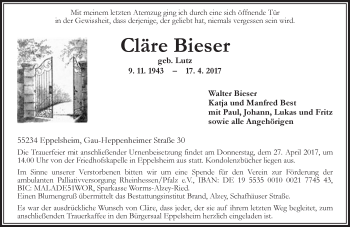 Traueranzeige von Cläre Bieser von Trauerportal Rhein Main Presse