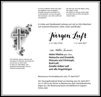 Traueranzeige von Jürgen Luft von VRM Trauer