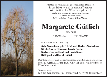 Traueranzeige von Margarete Gütlich von Trauerportal Rhein Main Presse