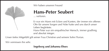 Traueranzeige von Hans Peter Seubert von Trauerportal Echo Online