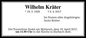 Traueranzeige von Wilhelm Kräter von  Gießener Anzeiger