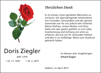 Traueranzeige von Doris Ziegler von  Kreisanzeiger