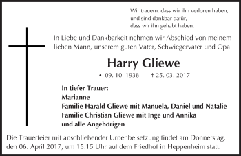 Traueranzeige von Harry Gliewe von Trauerportal Echo Online