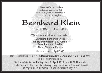 Traueranzeige von Bernhard Klein von VRM Trauer