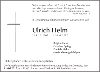 Traueranzeige von Ulrich Helm von Trauerportal Rhein Main Presse