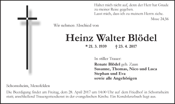Traueranzeige von Heinz Walter Blödel von Trauerportal Rhein Main Presse