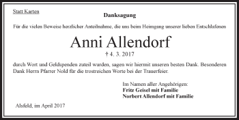 Traueranzeige von Anni Allendorf von VRM Trauer