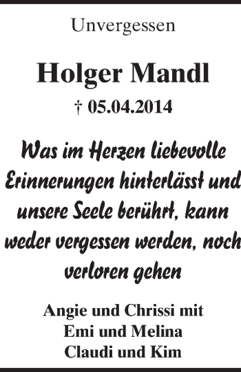 Traueranzeige von Holger Mandl von Trauerportal Rhein Main Presse