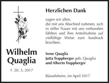 Traueranzeige von Wilhelm Quaglia von Trauerportal Rhein Main Presse