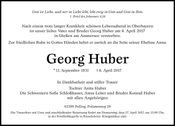 Traueranzeige von Georg Huber von Trauerportal Rhein Main Presse
