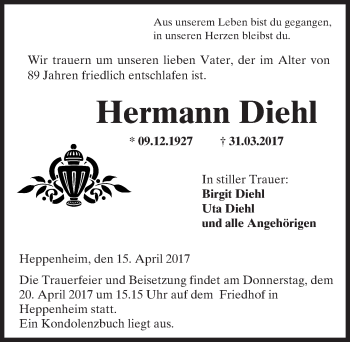 Traueranzeige von Hermann Diehl von Trauerportal Echo Online