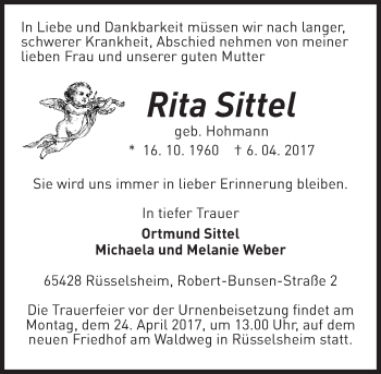 Traueranzeige von Rita Sittel von Trauerportal Rhein Main Presse
