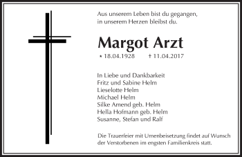 Traueranzeige von Margot Arzt von Trauerportal Echo Online