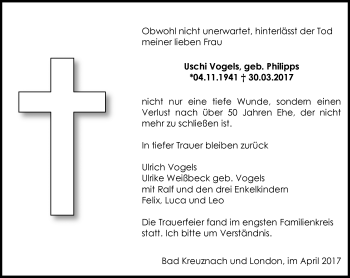 Traueranzeige von Uschi Vogels von Trauerportal Rhein Main Presse