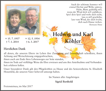 Traueranzeige von Hedwig und Karl Köhler von VRM Trauer