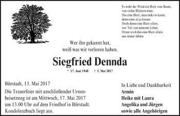 Traueranzeige von Siegfried Dennda von Trauerportal Echo Online