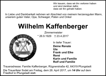 Traueranzeige von Wilhelm Kaffenberger 
