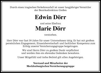 Traueranzeige von Edwin Dörr von  Kreisanzeiger
