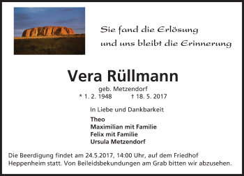 Traueranzeige von Vera Rüllmann von Trauerportal Echo Online