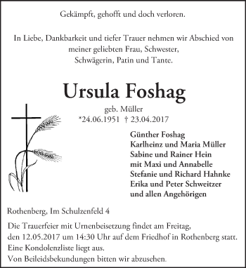 Traueranzeige von Ursula Foshag von Trauerportal Echo Online