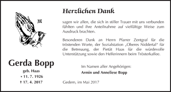Traueranzeige von Gerda Bopp von  Kreisanzeiger