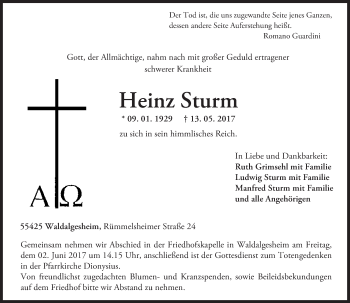 Traueranzeige von Heinz Sturm von Trauerportal Rhein Main Presse