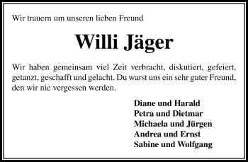 Traueranzeige von Willi Jäger von  Camberger Anzeiger