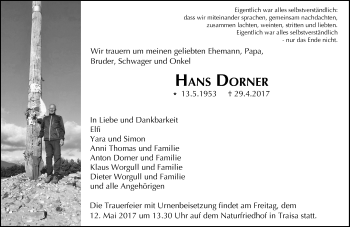 Traueranzeige von Hans Dorner von Trauerportal Echo Online