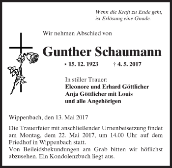 Traueranzeige von Gunther Schaumann von  Kreisanzeiger