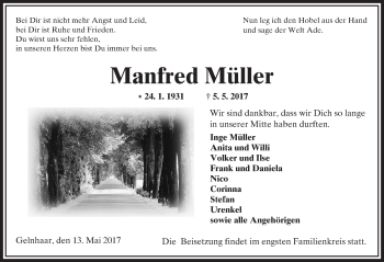 Traueranzeige von Manfred Müller von  Kreisanzeiger