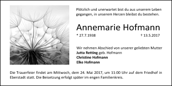 Traueranzeige von Annemarie Hofmann von Trauerportal Echo Online