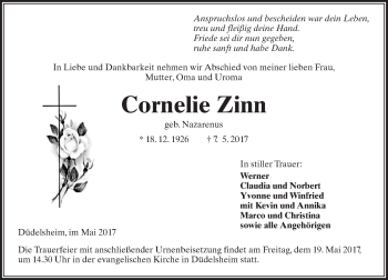 Traueranzeige von Cornelie Zinn von  Kreisanzeiger