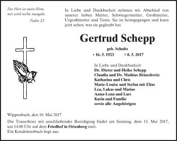 Traueranzeige von Gertrud Schepp von  Kreisanzeiger