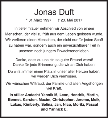 Traueranzeige von Jonas Duft von Trauerportal Echo Online