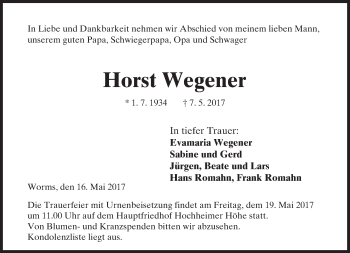Traueranzeige von Horst Wegener von Trauerportal Rhein Main Presse