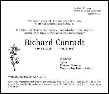 Traueranzeige von Richard Conradt von Trauerportal Rhein Main Presse