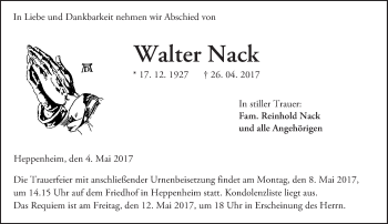 Traueranzeige von Walter Nack von Trauerportal Echo Online