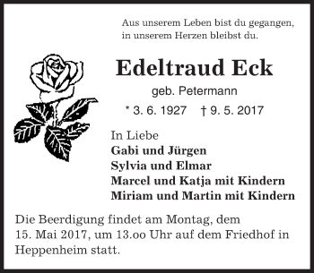 Traueranzeige von Edeltraud Eck von Trauerportal Echo Online