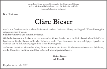 Traueranzeige von Cläre Bieser von Trauerportal Rhein Main Presse