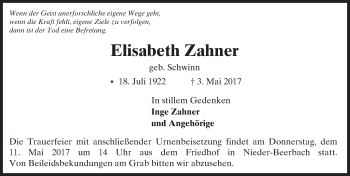 Traueranzeige von Elisabeth Zahner von Trauerportal Echo Online