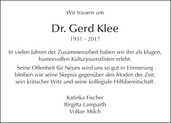 Traueranzeige von Gerd Klee von Trauerportal Rhein Main Presse