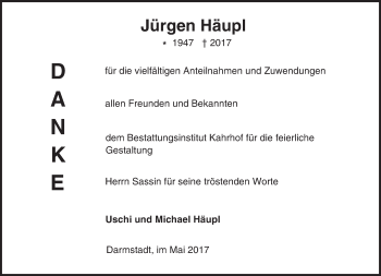 Traueranzeige von Jürgen Häupl von Trauerportal Echo Online